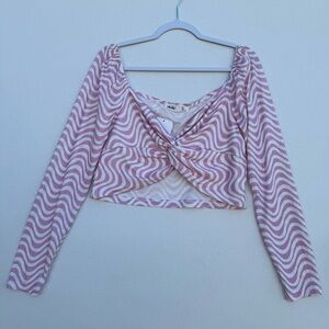 Elodie Abstract Warped Print Long Sleeve Crop Top Pink / White Women Size XL